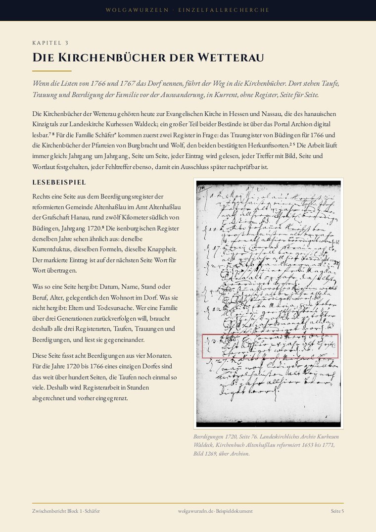 Berichtsseite mit einer Kirchenbuchseite von 1720 und dem markierten Eintrag