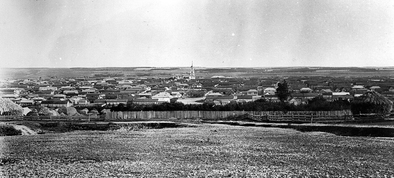 Panorama der Kolonie Norka: dicht an dicht stehende Häuser, in der Mitte der Kirchturm, im Vordergrund Feld und Zaun